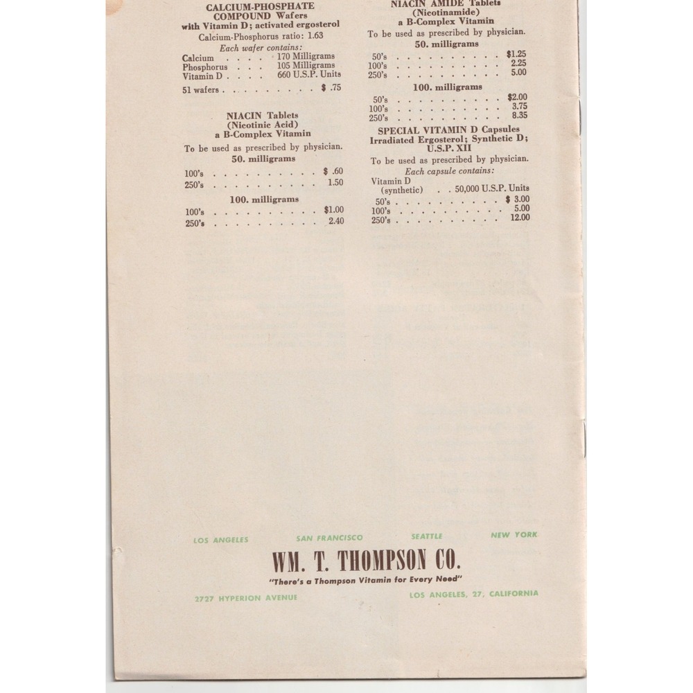 Vintage 1943 Thompson's Vitamin Chart Booklet Wm T Thompson Co Los Angeles CA Ad - Picture 2 of 2